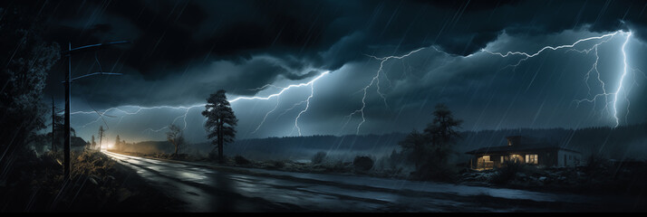 Country road at thunderstorm. Summer night landscape with roadway at bad weather.
