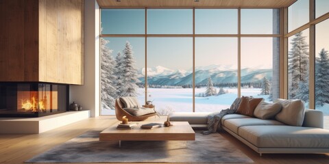 Cozy modern living room with a large scenic window.