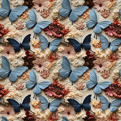 3D Fabrics embroidered seamless patterns of butterflys and flower, pastel color tones. Can be used for fabric printing, scrapbooking, crafts, diy.NO.06