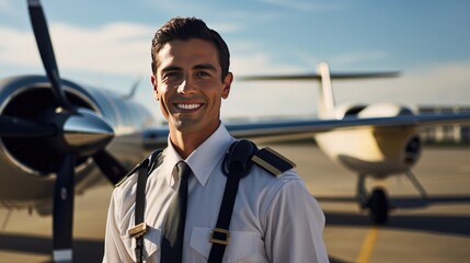 Fototapeta premium Pilot standing in front of a plane
