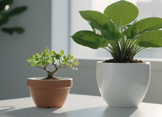 Obraz premium Houseplant in a white pot in a bright room on a white table