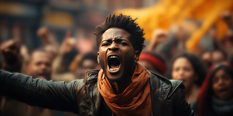 Black African American man activist angry shouting for his cause among people demonstration protester