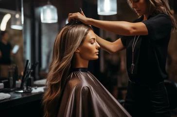Tuinposter woman applying haircut © Денис Никифоров