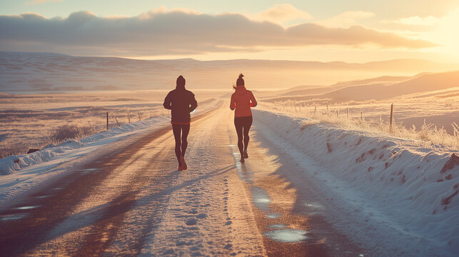 Two people enjoy a morning run on a path blanketed with snow, illuminated by the breathtaking sunrise in a tranquil winter landscape..