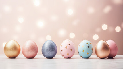 Fototapeta na wymiar Pastel eggs, glitter, salmon glow - Easter delight captured beautifully.
