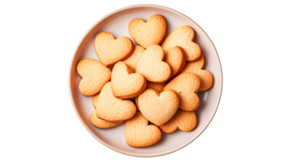 Top view heart shaped delicious cookies in a plate, png file of isolated cutout on transparent background
