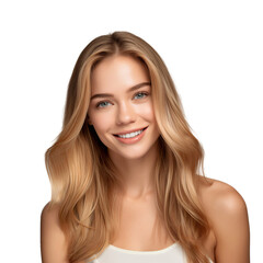 Fototapeta premium Beautiful smiling cosmetic model close up, png file of isolated cutout on transparent background