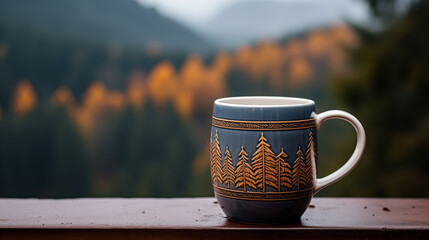 Cozy hygge feeling with a cute mug with steaming hot drink and blurry view to the autumn fall pineforest with overcast weather