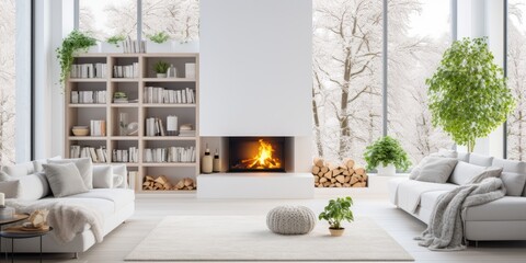 Contemporary living room with white decor, large windows, Scandinavian sofa, fireplace, shelving, and plants.