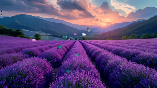 A view of a purple flower field in spring with butterflies at sunrise Seamless looping time-lapse 4k animation video background Generated AI