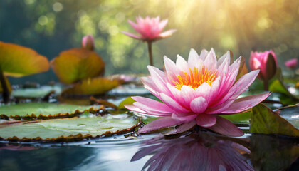 water lily basks in sunlight on tranquil pond, epitomizing natural beauty and serenity