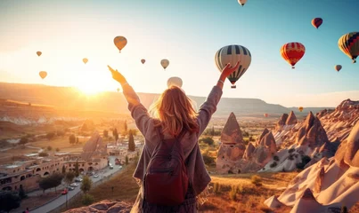 Fototapeten Happy Tourist Woman Experiencing the magical sunrise in Cappadocia with colorful hot air balloons in the sky, Turkey.  © Mr. Bolota