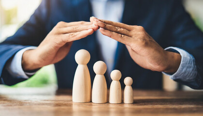 hand gesture shields wooden dominoes falling toward family dolls, symbolizing protection, insurance, and assurance