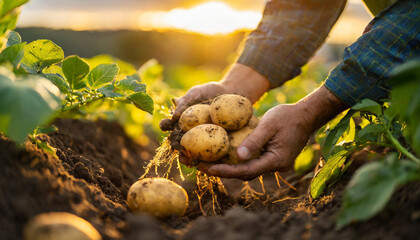 Farmer's hands gently cradle freshly unearthed potatoes, roots entwined, in warm sunset glow
