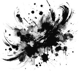 Abstract black in splash, paint, brush strokes, stain grunge isolated on white background, Japanese style