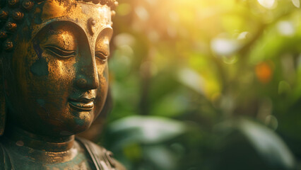 Beautiful Buddha Statue with a Jungle Calm Zen Background Meditation Concept Copy Space, Generative AI	
