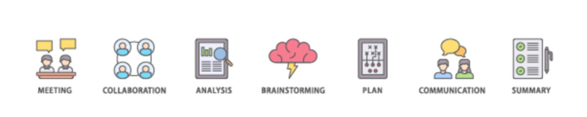 Brief icon set flow process illustrationwhich consists of meeting, collaboration, analysis, brainstorming, plan, communication, and summary icon live stroke and easy to edit 
