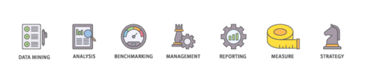 Business intelligence icon set flow process illustrationwhich consists of data mining, analysis, benchmarking, management, reporting, measure, and strategy icon live stroke and easy to edit 