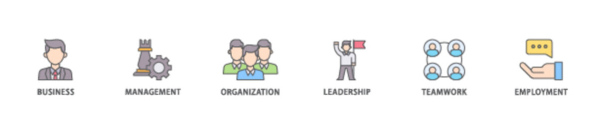 Business management icon set flow process illustrationwhich consists of business, management, organization, leadership, teamwork and employment icon live stroke and easy to edit 