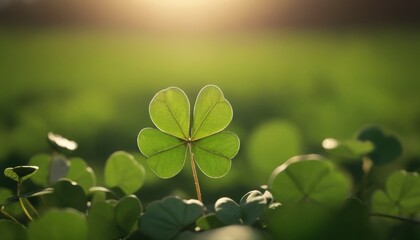 Four leaf clover bringing good luck on a green blurred background. St.Patrick 's Day