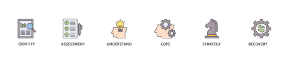 Crisis management icon set flow process illustrationwhich consists of recovery, strategy, understand, assessment, identify, cope icon live stroke and easy to edit 