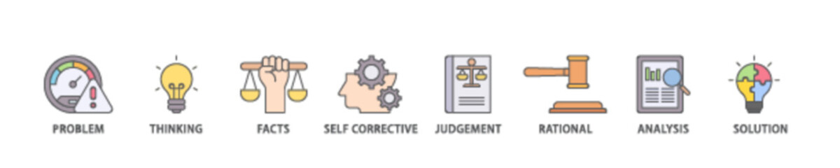 Critical thinking icon set flow process illustrationwhich consists of solution, analysis, self corrective, rational, judgement, facts, thinking, problem icon live stroke and easy to edit 