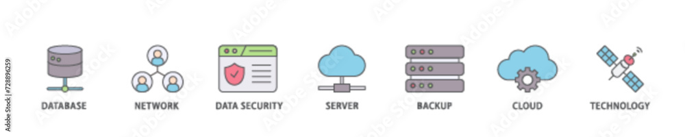 Aufkleber data center icon set flow process illustrationwhich consists of database, network, data security, se