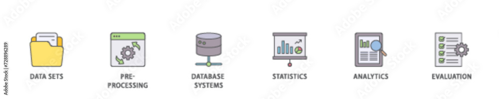 Aufkleber data mining icon set flow process illustrationwhich consists of data sets, pre processing, database 