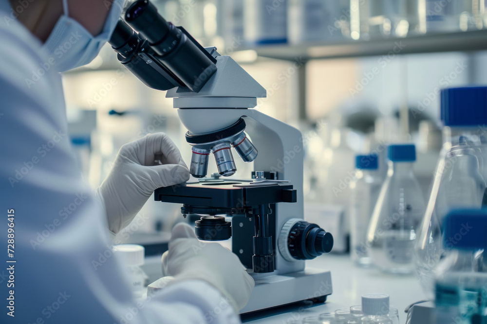Poster scientist using microscope in laboratory, close up hands.