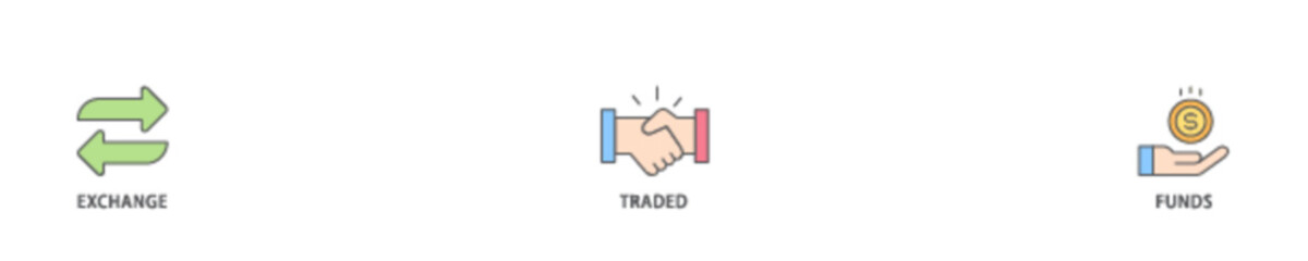 ETF icon set flow process illustrationwhich consists of money, cash flow, trading, transaction, bank, accounting, and growth icon live stroke and easy to edit 