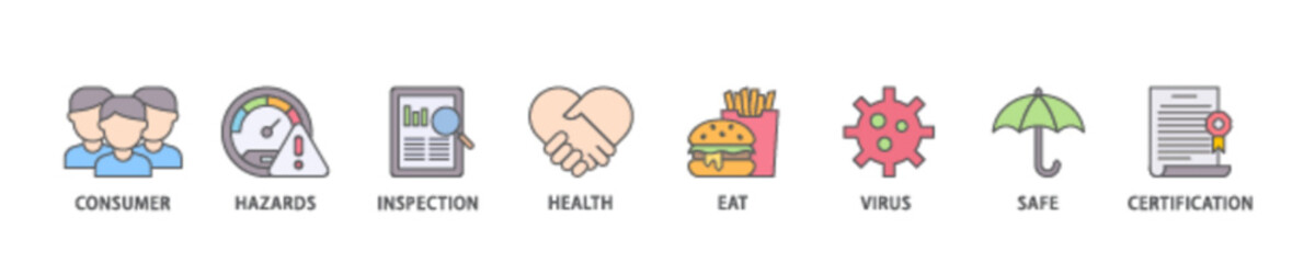 Food safety icon set flow process illustrationwhich consists of consumer, hazards, inspection, health, eat, virus, safe and certification icon live stroke and easy to edit 