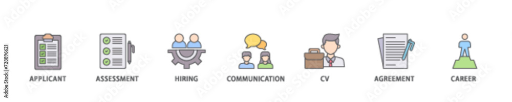 Poster job interview icon set flow process illustrationwhich consists of applicant, assessment, hiring, com