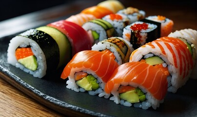 Sushi set, rolls, Sushi with seafood, rice, salmon, a dish of traditional Japanese cuisine