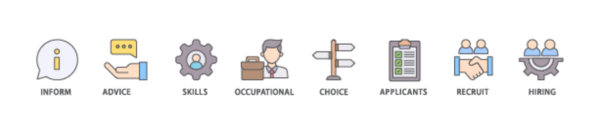 Job fair icon set flow process illustrationwhich consists of the information, advice, skills, occupational, applicants, recruit, and hiring icon live stroke and easy to edit 