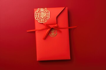 Red Chinese envelope on red background, happy Chinese New Year