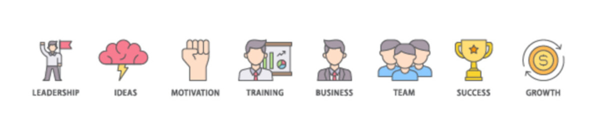 Learn and lead icon set flow process illustrationwhich consists of leadership, ideas, motivation, training, business, team, success, and growth icon live stroke and easy to edit 