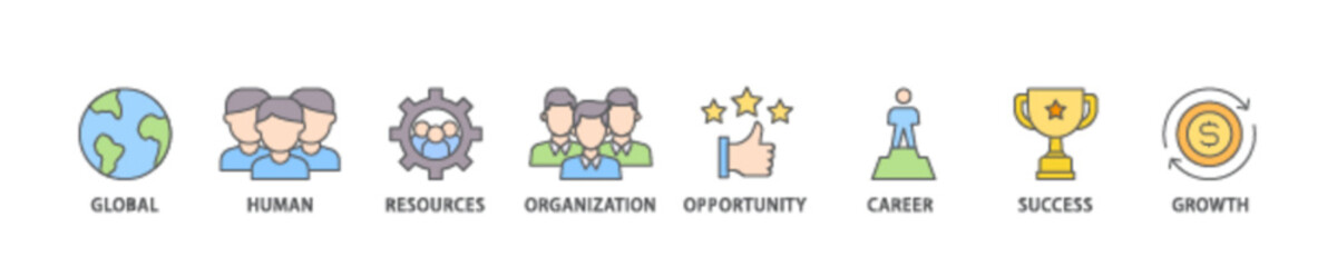 Management icon set flow process illustrationwhich consists of global, human resources, organization, opportunity, career, success and growth icon live stroke and easy to edit 