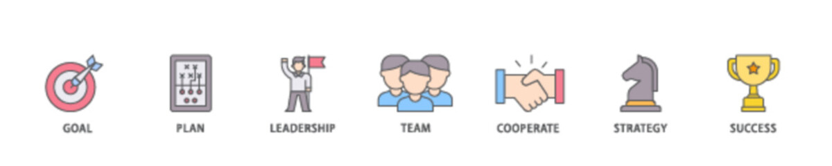 Mission icon set flow process illustrationwhich consists of goal, plan, leadership, team, cooperate, strategy and success icon live stroke and easy to edit 