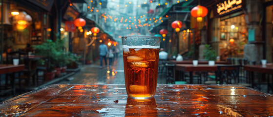 a glass of tea sitting on a table in a restaurant - obrazy, fototapety, plakaty