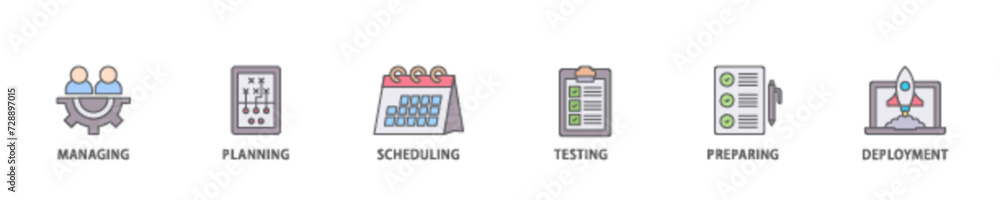Aufkleber release management icon set flow process illustrationwhich consists of managing, planning, schedulin