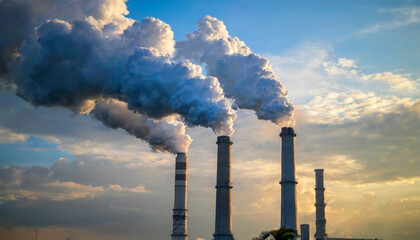 Dark plumes of smoke billow from industrial smokestacks, symbolizing environmental pollution, climate change, and global warming