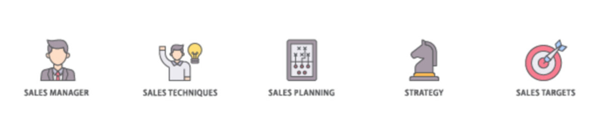 Sales management icon set flow process illustrationwhich consists of manager, sales techniques, planning, strategy, and targets icon live stroke and easy to edit 