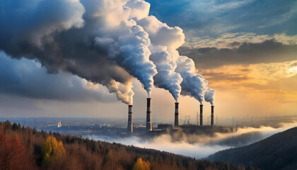 Dark plumes of smoke billow from industrial smokestacks, symbolizing environmental pollution, climate change, and global warming