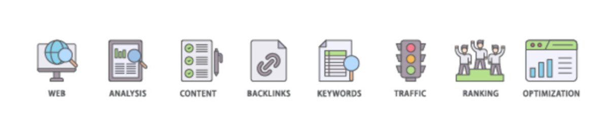 SEO icon set flow process illustrationwhich consists of website, analysis, content, backlinks, keywords, traffic, ranking, and optimization icon live stroke and easy to edit 