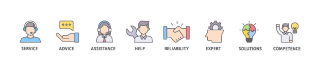 Support icon set flow process illustrationwhich consists of service, advice, assistance, help, reliability, expert, solutions and competence icon live stroke and easy to edit 