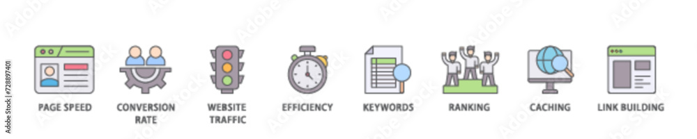 Poster website optimization icon set flow process illustrationwhich consists of page speed, conversion rate