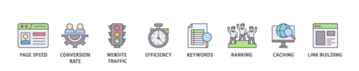 Website optimization icon set flow process illustrationwhich consists of page speed, conversion rate, website traffic, efficiency, keywords, ranking, caching  icon live stroke and easy to edit  © Tiger