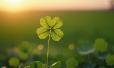 Four leaf clover bringing good luck on a green blurred background. St.Patrick 's Day