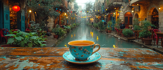 a cup of coffee on a table in a narrow alley