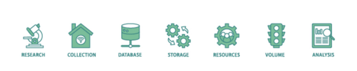 Big data icon set flow process illustrationwhich consists of research, collection, database, storage, resources, volume and analysis icon live stroke and easy to edit 